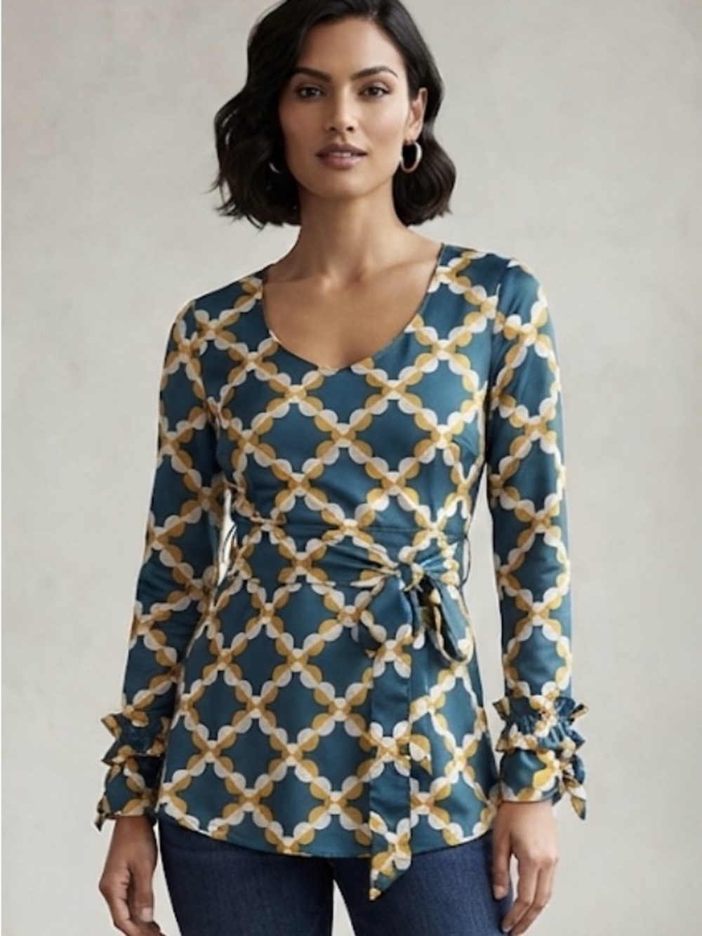 Tracy Porter Teal, Mustard & White Geometric Wrap Blouse